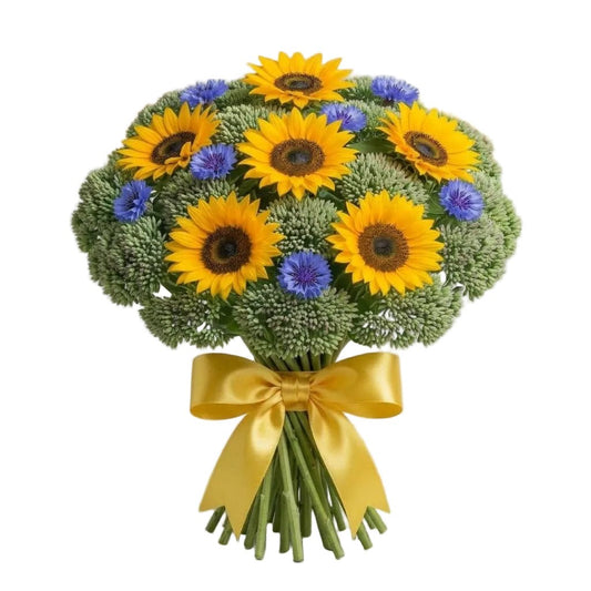 Bouquet of Sunflowers with Cornflowers and Sedum - Florist London