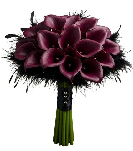 Burgundy Calla Lily and Feathers Bouquet