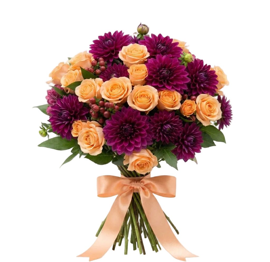 Burgundy Dahlia with Peach Roses Bouquet - Florist London