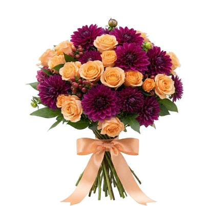 Burgundy Dahlia with Peach Roses Bouquet - Florist London