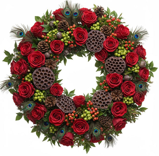 Charming Red Roses and Green Berry Wreath