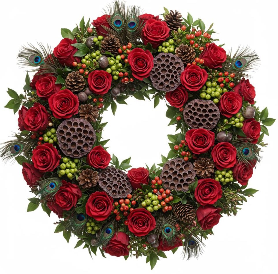 Charming Red Roses and Green Berry Wreath - Florist London