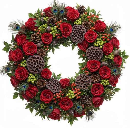 Charming Red Roses and Green Berry Wreath - Florist London