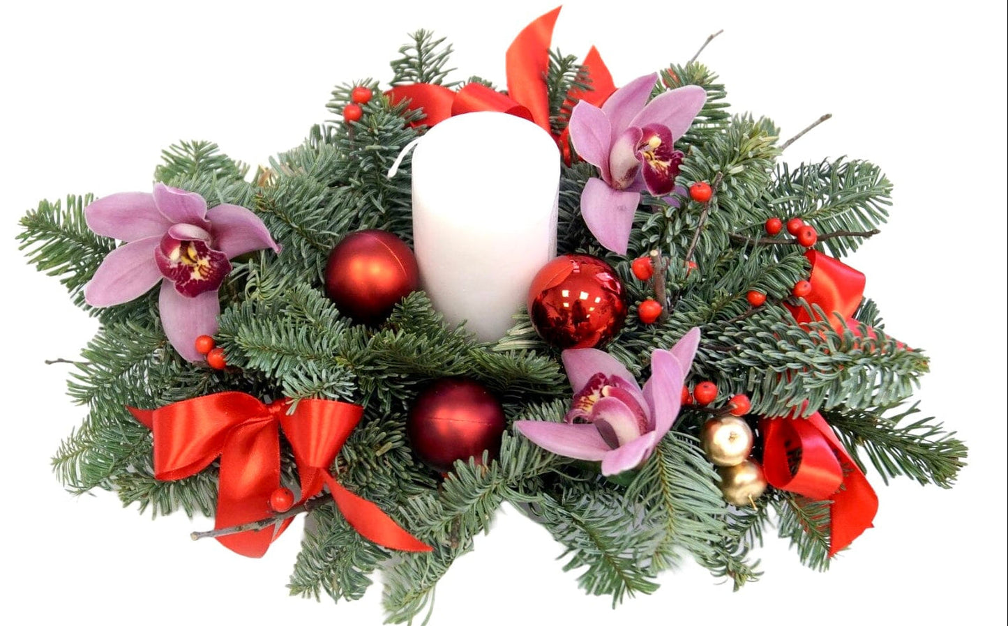 Christmas Fresh Centerpiece with Orchids and Baubles - Florist London