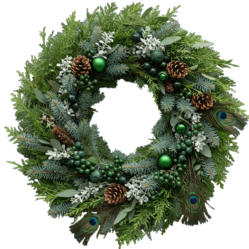 Christmas Wreath of Green Baubles and Peacock Feathers - Florist London