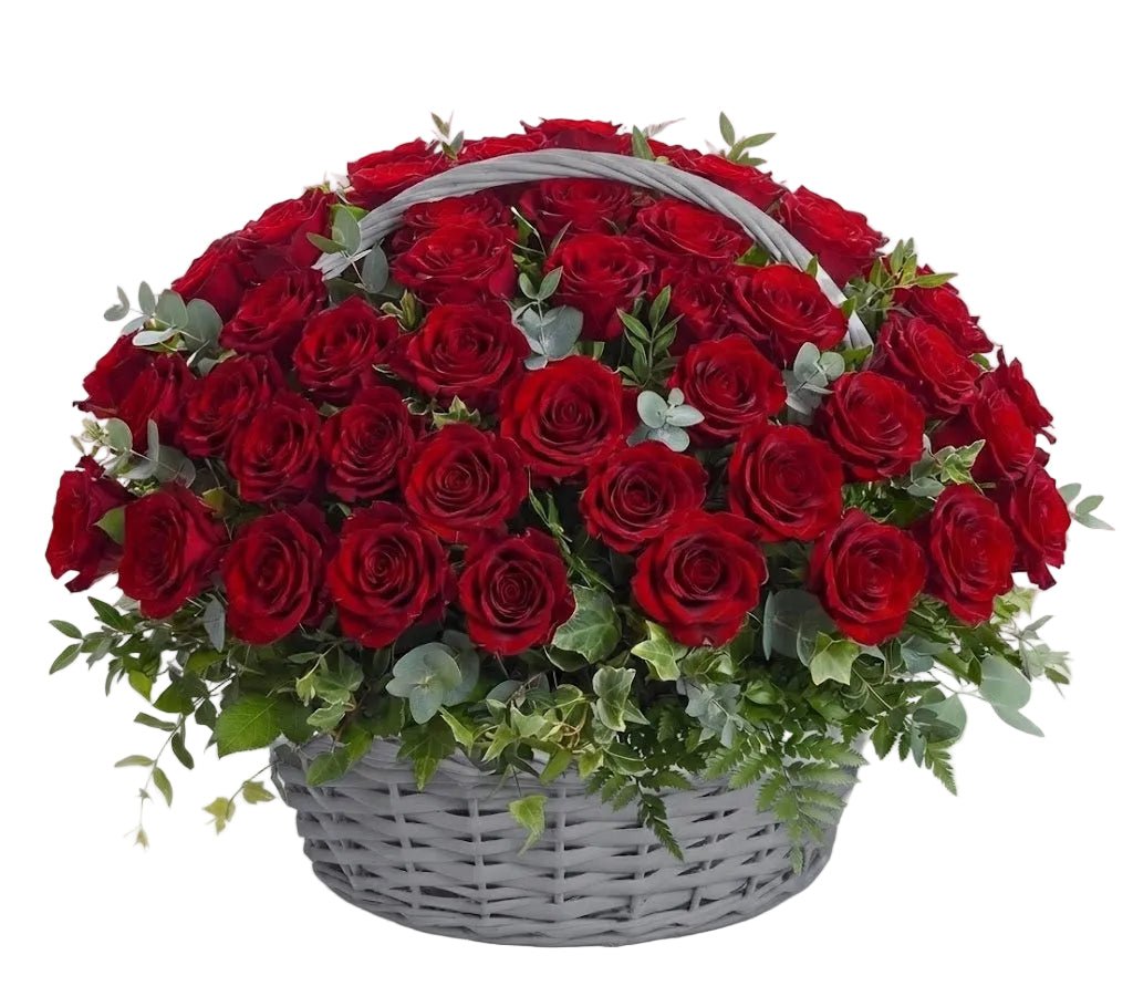 Classic Red Roses with Greenery Basket - Florist London