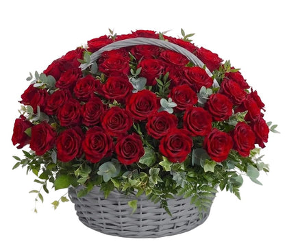 Classic Red Roses with Greenery Basket - Florist London