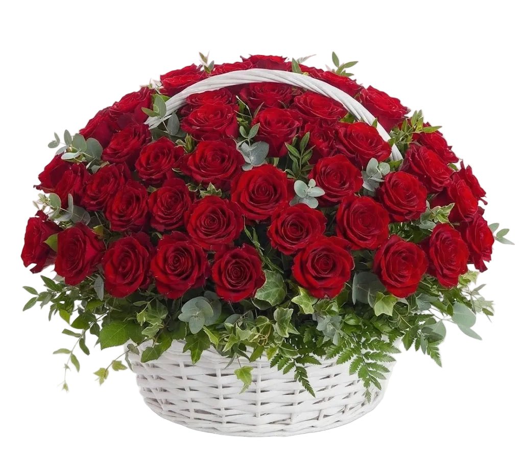 Classic Red Roses with Greenery Basket - Florist London