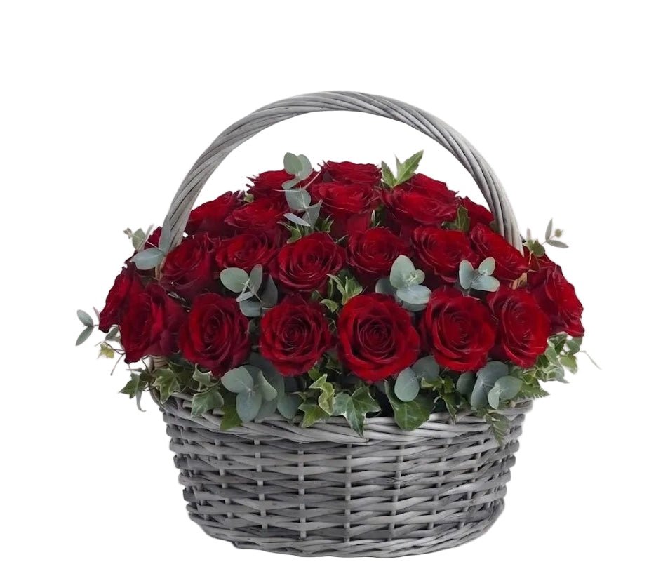 Classic Red Roses with Greenery Basket - Florist London