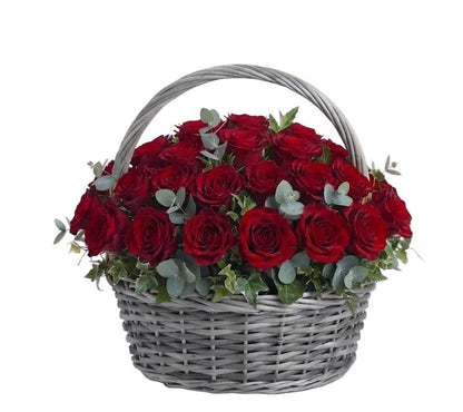 Classic Red Roses with Greenery Basket - Florist London
