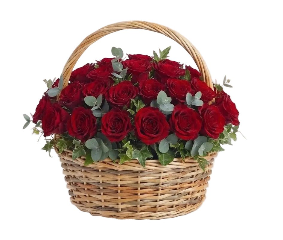 Classic Red Roses with Greenery Basket - Florist London