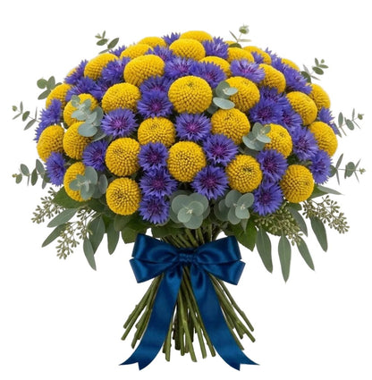 Craspedia and Cornflowers with Greenery Bouquet - Florist London
