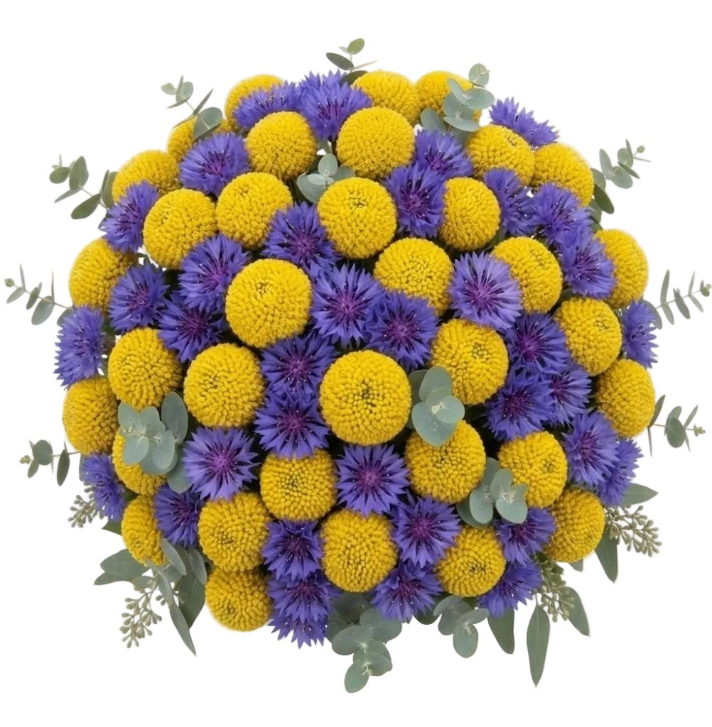 Craspedia and Cornflowers with Greenery Bouquet - Florist London