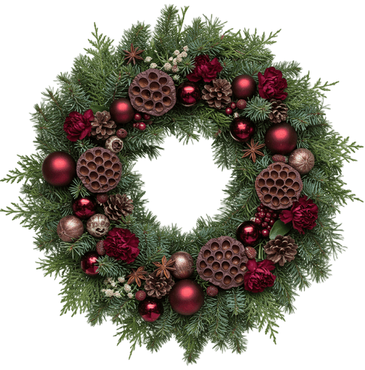 Crimson Carnations and Cones Christmas Wreath - Florist London