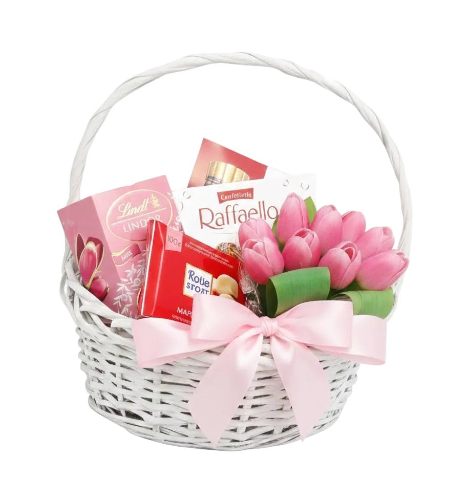 Cute Basket of Tulips and Chocolate - Florist London