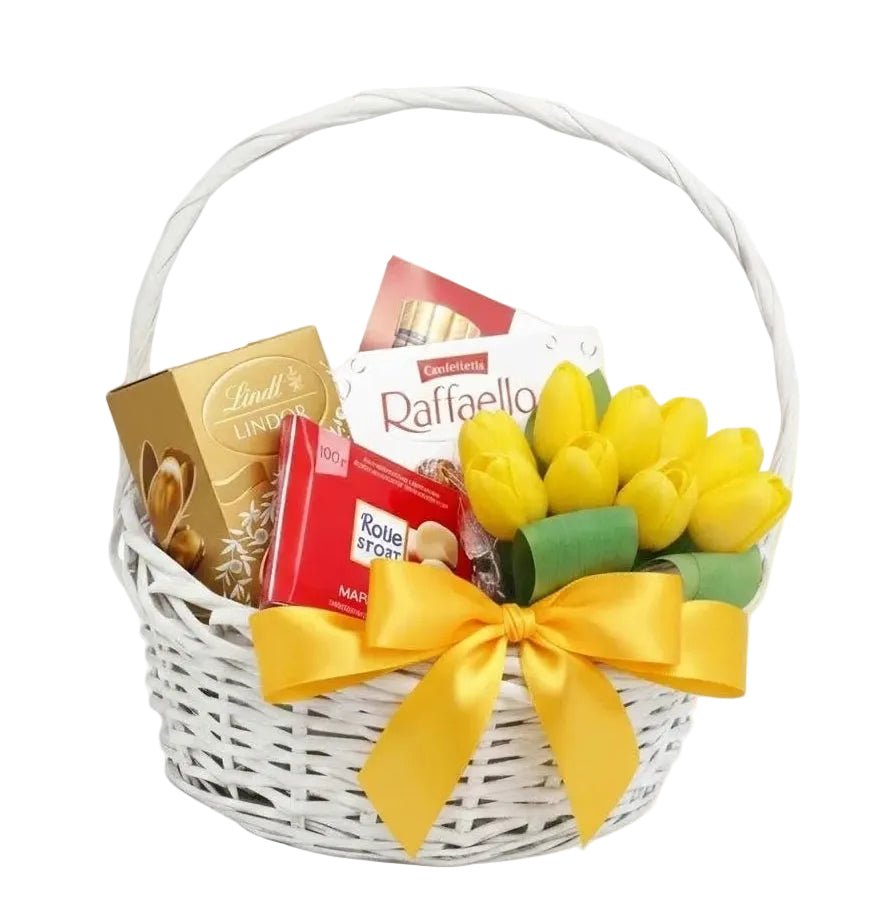 Cute Basket of Tulips and Chocolate - Florist London