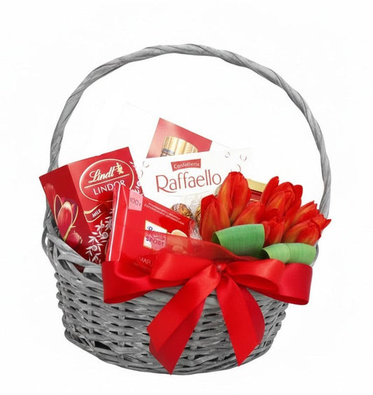 Cute Basket of Tulips and Chocolate - Florist London