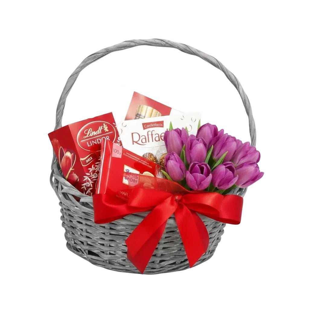Cute Basket of Tulips and Chocolate - Florist London
