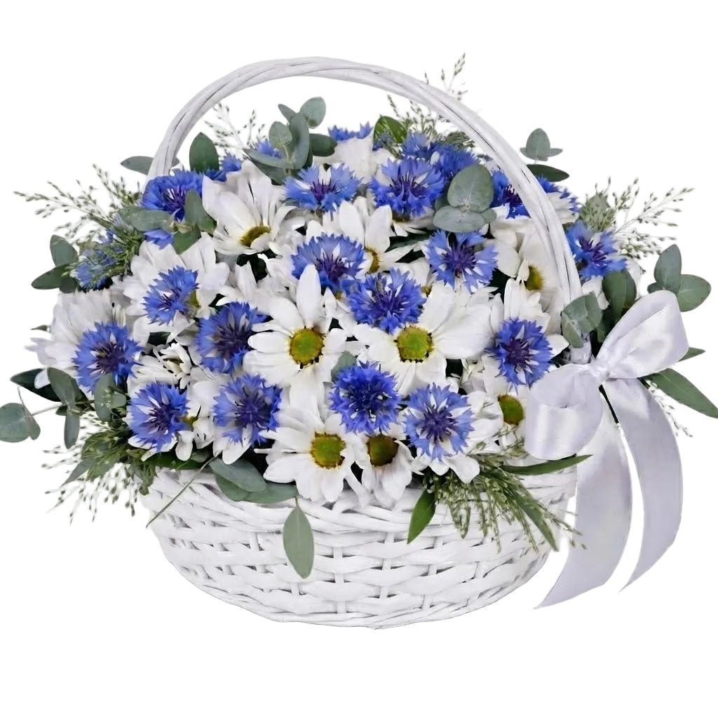 Daisy Chrysanthemum and Cornflowers with Greenery Basket - Florist London