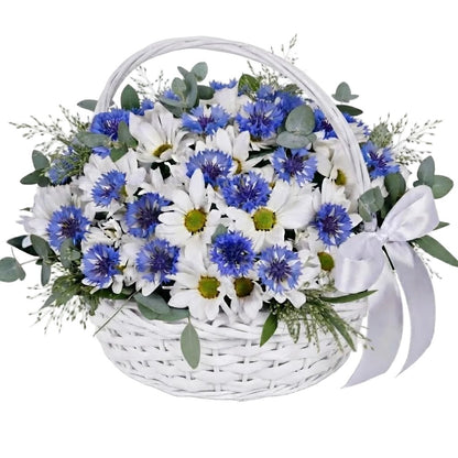 Daisy Chrysanthemum and Cornflowers with Greenery Basket - Florist London