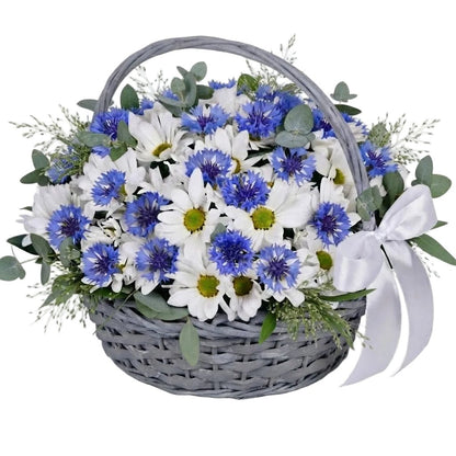 Daisy Chrysanthemum and Cornflowers with Greenery Basket - Florist London