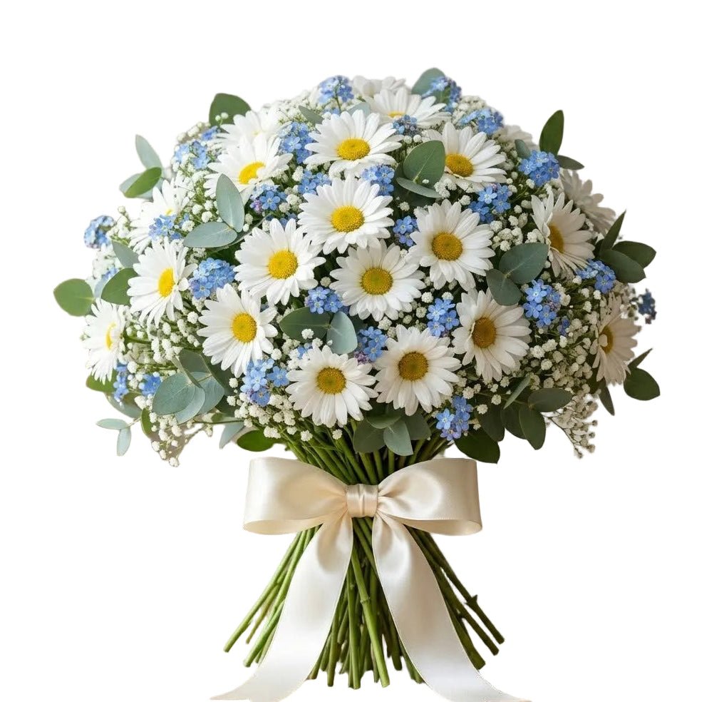 Daisy with Blue Forget Me Not and Gypsophila Bouquet - Florist London