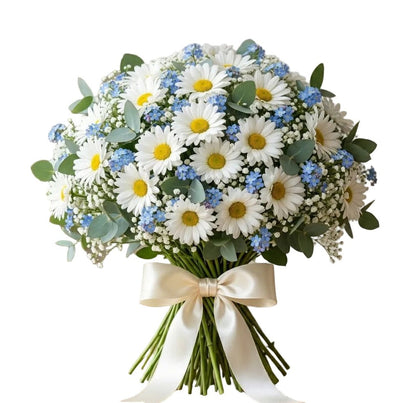 Daisy with Blue Forget Me Not and Gypsophila Bouquet - Florist London