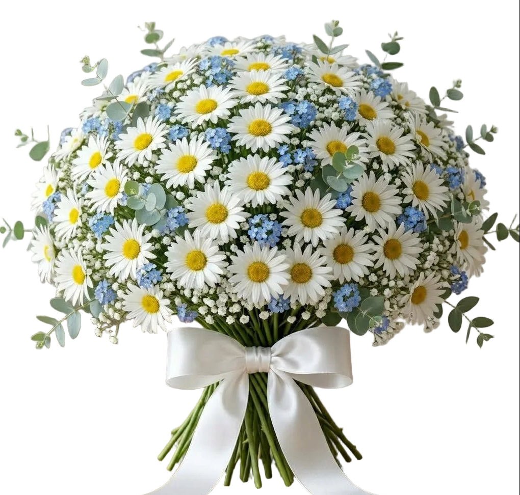 Daisy with Blue Forget Me Not and Gypsophila Bouquet - Florist London