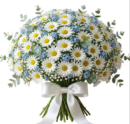 Daisy with Blue Forget Me Not and Gypsophila Bouquet - Florist London