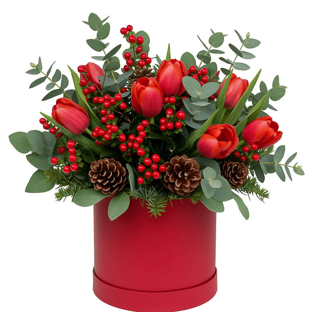 Festive Box of Red Hypericum and Red Tulips - Florist London