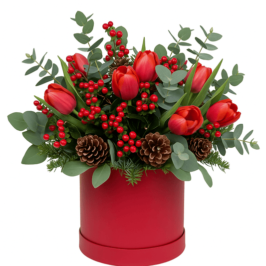 Festive Box of Red Hypericum and Red Tulips - Florist London