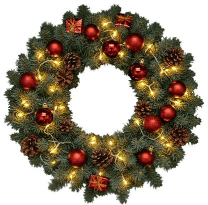 Festive Red Baubles with Lights Door Wreath - Florist London
