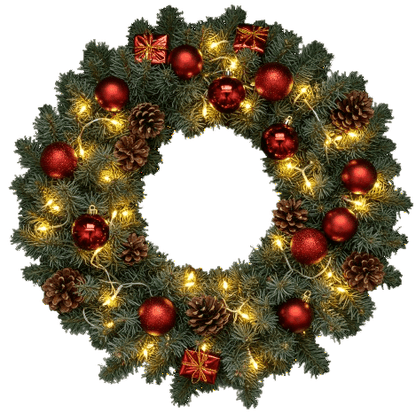 Festive Red Baubles with Lights Door Wreath - Florist London