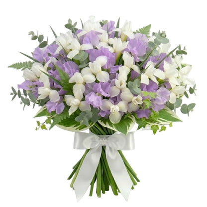 Fragrant Sweet Peas and White Irises Bouquet - Florist London