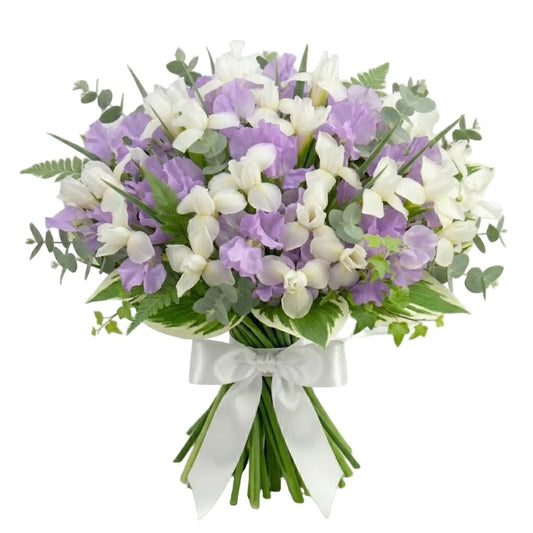 Fragrant Sweet Peas and White Irises Bouquet - Florist London