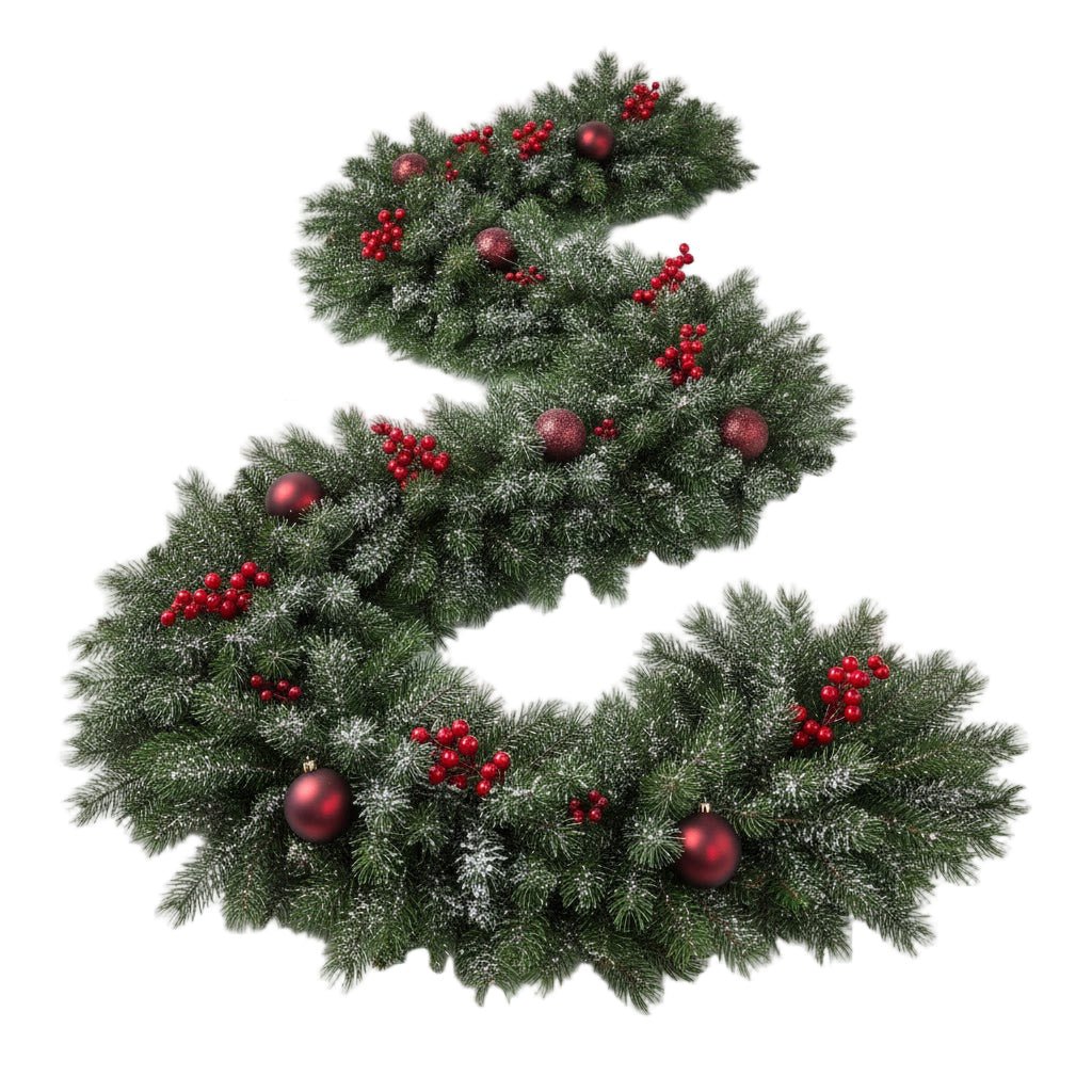 Frosted Spruce Garland with Red Baubles & Berries - Florist London