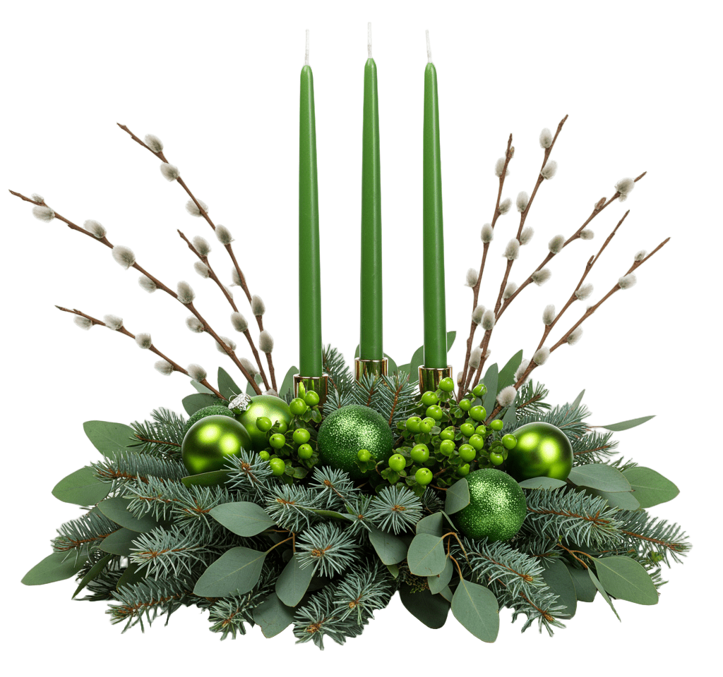 Green Christmas Centerpices with Catkins - Florist London