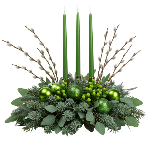 Green Christmas Centerpices with Catkins - Florist London