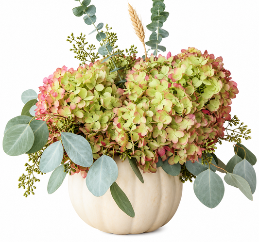 Green Hydrangea with Eucalyptus in Pumpkin - Florist London