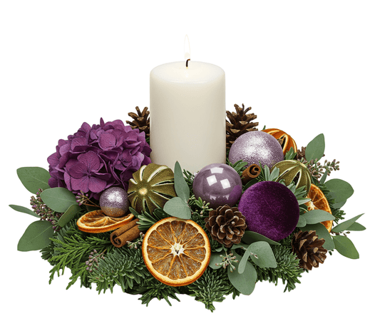 Hydrangea Centerpiece with Baubles and Orange - Florist London