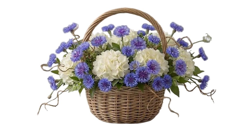 Hydrangea with Cornflowers and Willow Twist Basket - Florist London