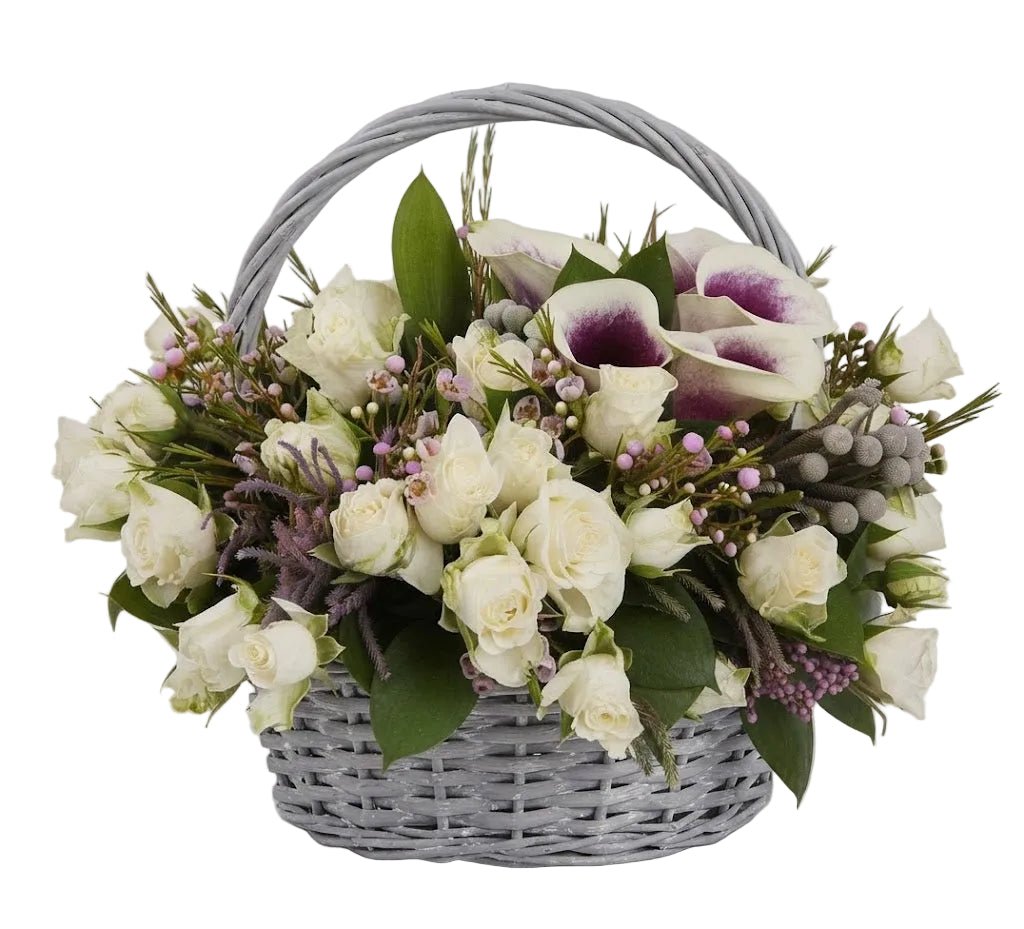 Ivory Spray Roses with Calla Lily Basket - Florist London