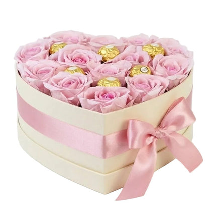 Light Pink Roses with Chocolates in Heart Box - Florist London