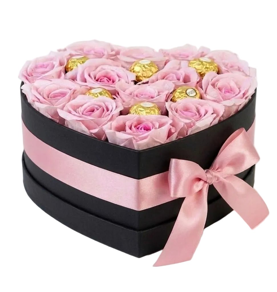 Light Pink Roses with Chocolates in Heart Box - Florist London