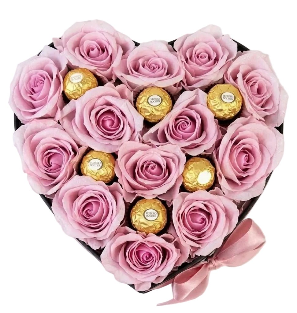 Light Pink Roses with Chocolates in Heart Box - Florist London