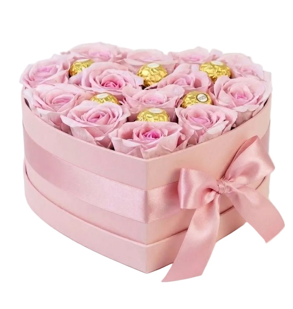 Light Pink Roses with Chocolates in Heart Box - Florist London