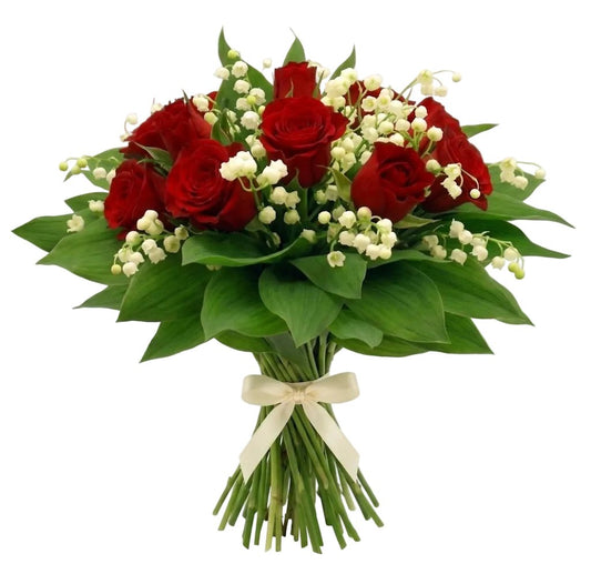 Lily of the Valley and Red Roses Bouquet - Florist London