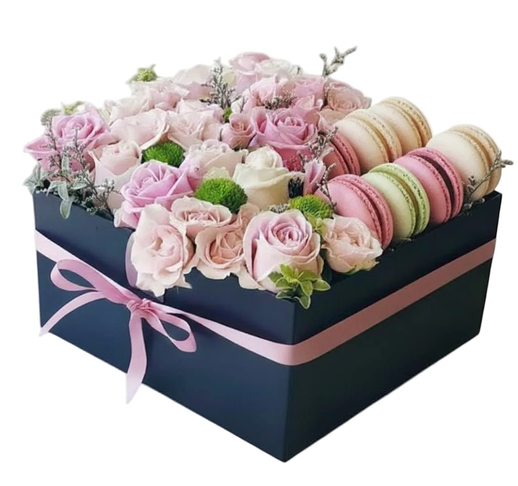 Lovely Pastel Roses with Macaroons Box - Florist London
