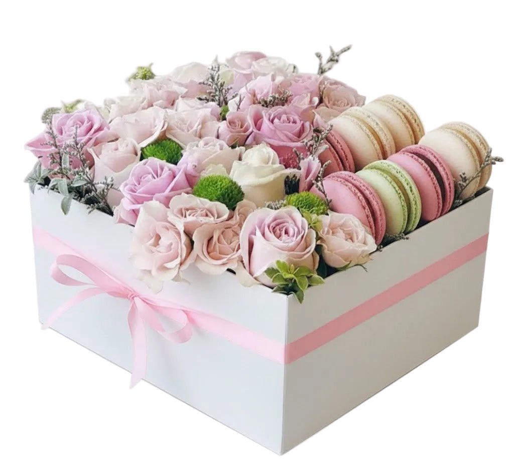 Lovely Pastel Roses with Macaroons Box - Florist London