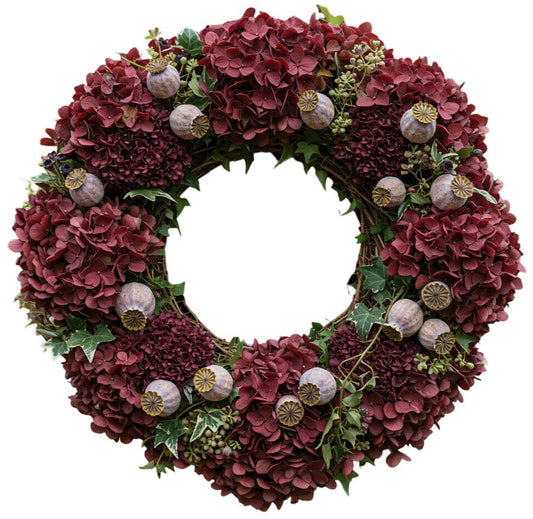 Luxury Autumn Wreath of Burgundy Hydrangea and Papaver